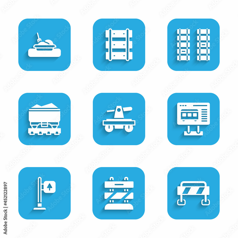 Set Draisine or handcar, End of railway tracks, Road barrier, Ticket office to buy tickets, traffic signpost, Coal train wagon, Railway, railroad and Plate with food icon. Vector Set Draisine or handcar, End of railway tracks, Road barrier, Ticket office to buy tickets, traffic signpost, Coal train wagon, Railway, railroad and Plate with food icon. Vector