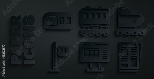 Set Ticket office to buy tickets, High-speed train, Cafe and restaurant location, News, Passenger cars and Electrical outlet icon. Vector