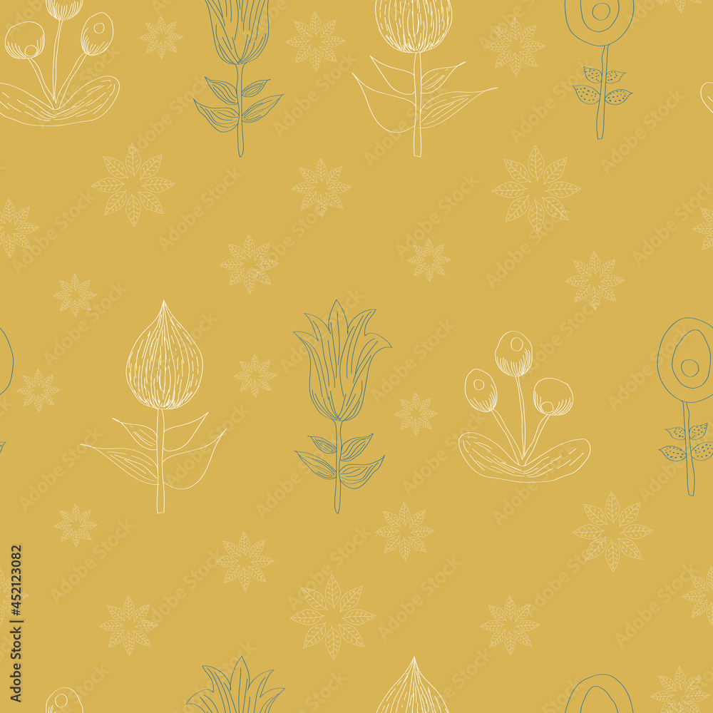 Yellow Swedish outlined flowers folk vector pattern Yellow Swedish outlined flowers folk vector pattern