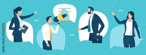 Discussion. Communication concept. Business people talking standing in the speech bubbles. Vector illustration
