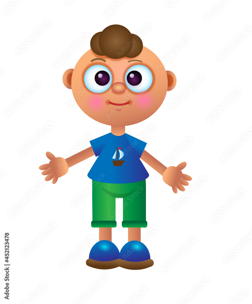 cartoon funny little boy isolated on white background. The self-confident boy is standing with his hands in the sides. cartoon funny little boy isolated on white background. The self-confident boy is standing with his hands in the sides.