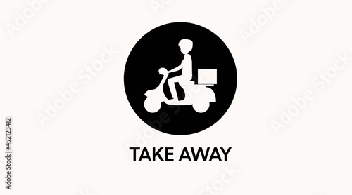 Take Away Sign. Vector black isolated Illustration of a Delivery Motorcycle Guy. Man in a Motorocycle making a Delivery