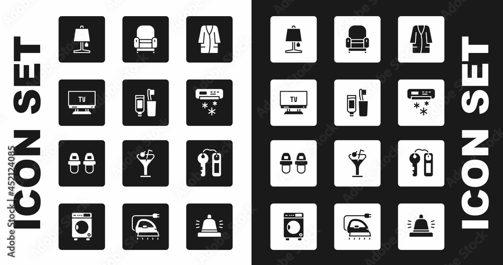 Set Bathrobe, Toothbrush and toothpaste, Smart Tv, Table lamp, Air conditioner, Armchair, Hotel door lock key and slippers icon. Vector Set Bathrobe, Toothbrush and toothpaste, Smart Tv, Table lamp, Air conditioner, Armchair, Hotel door lock key and slippers icon. Vector