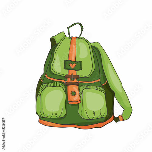 Isolated vector illustration of green sports womens backpack in romantic city style. Single hand drawn cartoon flat image for T-shirt printing, advertising, poligraphy