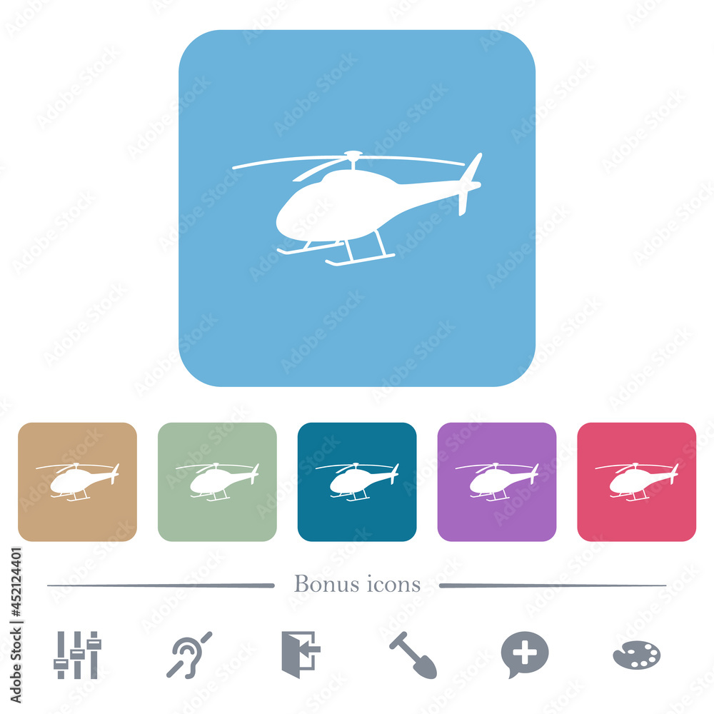 Helicopter silhouette flat icons on color rounded square backgrounds