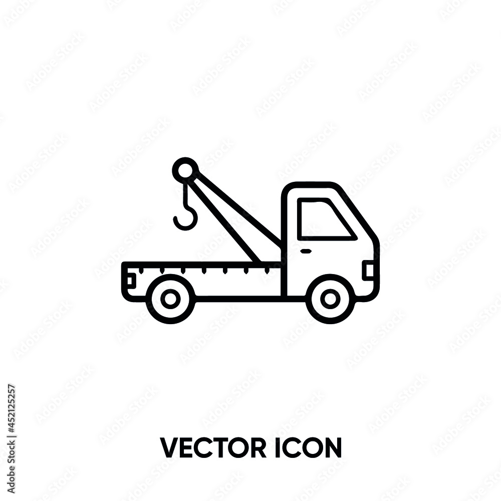 Truck crane vector icon. Modern, simple flat vector illustration for website or mobile app.Tow crane symbol, logo illustration. Pixel perfect vector graphics Truck crane vector icon. Modern, simple flat vector illustration for website or mobile app.Tow crane symbol, logo illustration. Pixel perfect vector graphics