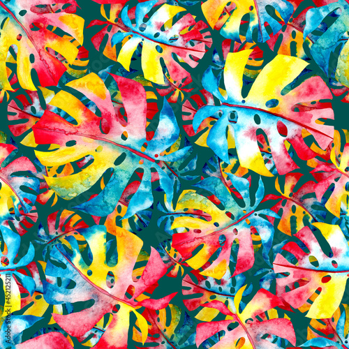 Watercolor seamless pattern with colorful abstract tropical leaves. Bright summer print with exotic plants. Creative trendy botanical textile design. 