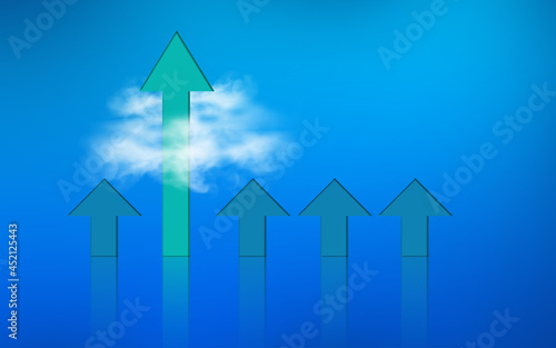 blue arrow up reaching the cloud on blue background. Success and growth concept 
