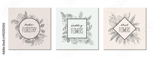 Set of hand drawn botany frames with hand drawn elements. Design for logo, prints and invitations