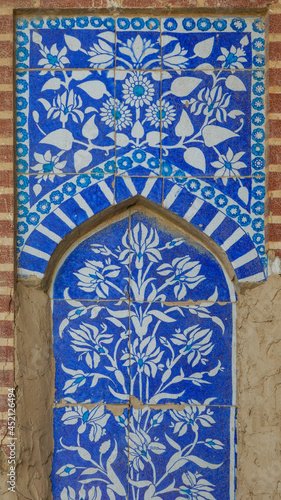 Beautiful decorative floral panel of blue and white ceramic tile on wall of ancient Khudabad mosque  Dadu  Sindh  Pakistan
