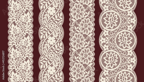 Set Of Lace Trim Vectors. Jacquard Mesh Lace Fabric.