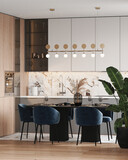 Modern kitchen with bright accents and gold chandelier