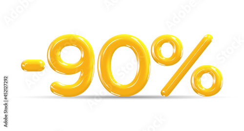 90 percent Off. Discount creative composition of golden or yellow balloons. 3d mega sale or ninety percent bonus symbol on white background. Sale banner and poster. Vector illustration.