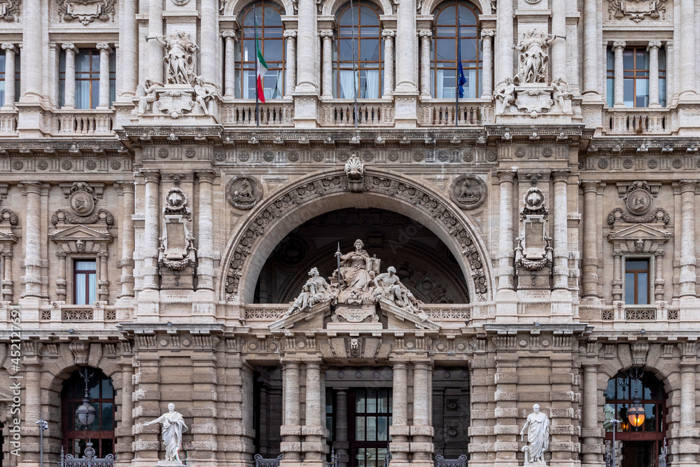 detail of facade of court building in Rome with lady Justice as sculpture, Rome,