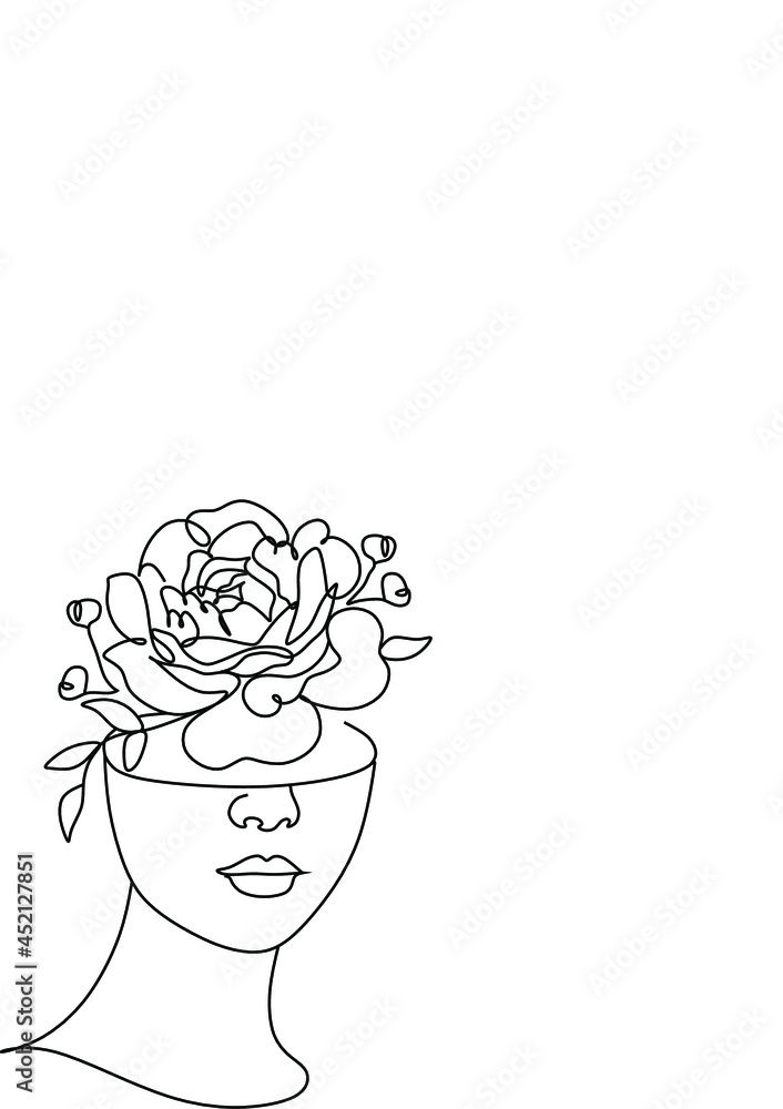 Flower face woman line drawing. Modern continuous line art. Women line art. Beauty salon logo. Coloring book. Botanical print. Nature symbol of cosmetics. Fashion logo. Flower face woman line drawing. Modern continuous line art. Women line art. Beauty salon logo. Coloring book. Botanical print. Nature symbol of cosmetics. Fashion logo.
