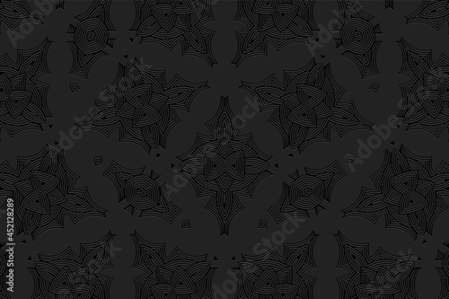 Geometric volumetric convex ethnic 3D pattern. Embossed black background in oriental, indonesian, mexican, aztec styles. Trendy creative texture, vintage ornament.
