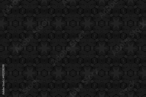 Geometric volumetric convex ethnic 3D pattern. Embossed black background in oriental, indonesian, mexican, aztec styles. Exotic creative texture, vintage ornament.