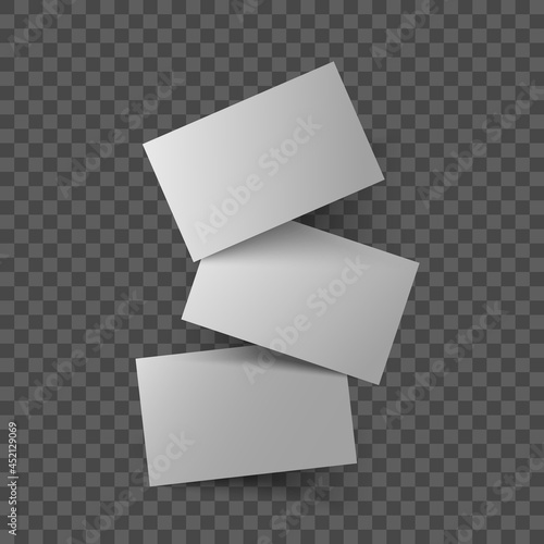 Blank business card. Falling voucher template. Empty gift cards. Vector realistic mockup