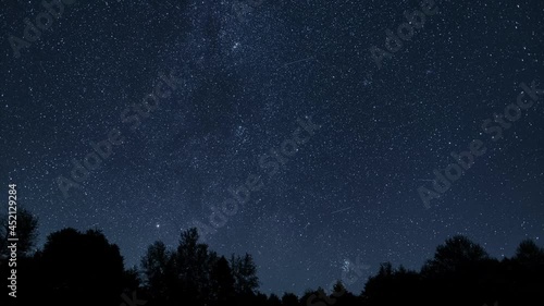 4k photo video time lapse of starry night sky with many falling meteors of Perseid tail, planes and satellites flying, black silhouettes of old trees growing in forest. Abstract natural background