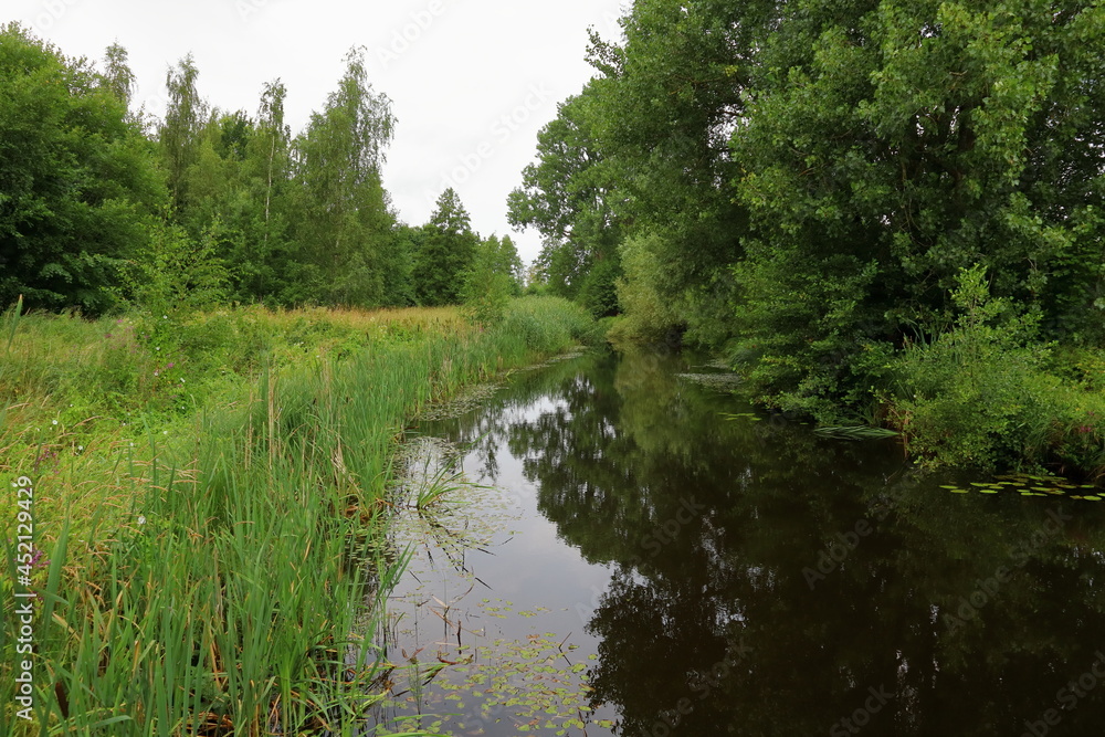 A nice little river, next to a green garden or forest. Swedish summer nature during one cloudy day outside. Skara, Västra Götaland, Sweden, Europe. A nice little river, next to a green garden or forest. Swedish summer nature during one cloudy day outside. Skara, Västra Götaland, Sweden, Europe.