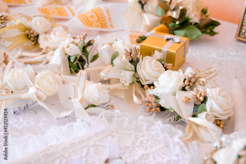 Wedding bouquets of brides. Box for wedding rings. Wedding traditions in Ukraine