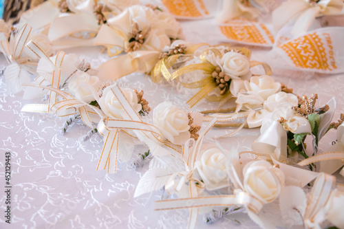 Wedding bouquets of the bride in gold tones.   Wedding traditions in Ukraine