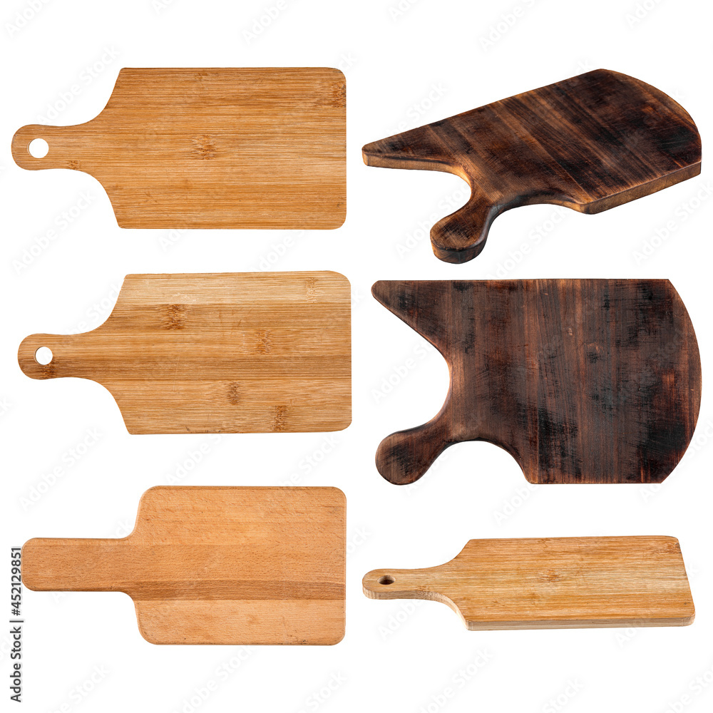 Isolated different wooden chopping boards collage set
