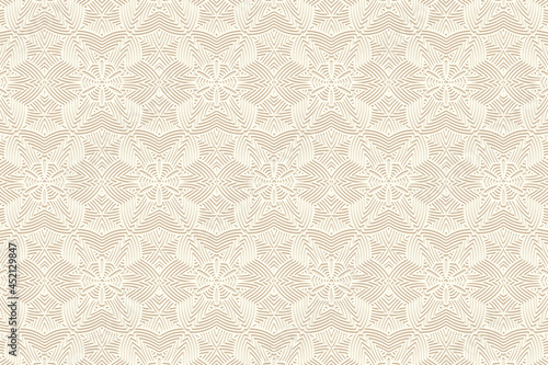 Geometric volumetric convex ethnic 3D pattern. Embossed light beige background in oriental, indonesian, mexican, aztec styles. Floral texture, vintage ornament.