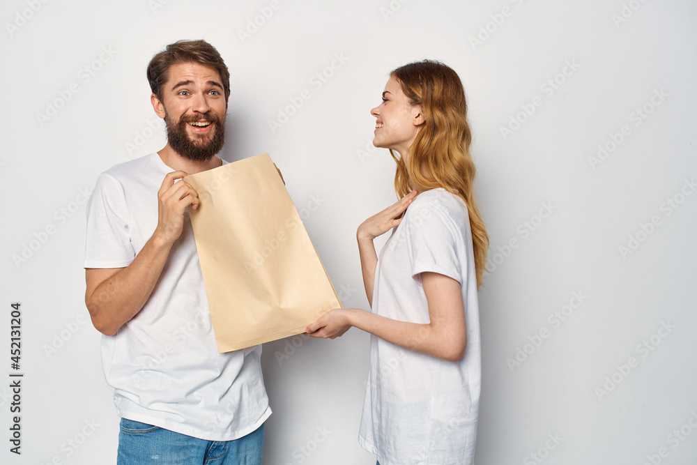 funny man and woman paper bag shopping entertainment funny man and woman paper bag shopping entertainment