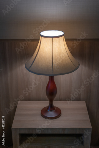 Modern fabric table lamp light bulb on wooden table interior beautiful living room decoration for home architecture contemporary.