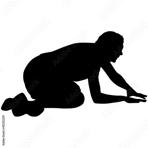 Silhouette people in different poses bent over on a white background
