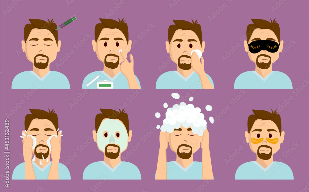 a man takes care of his face with various actions. set of vector illustrations of man isolated on purple background. a man takes care of his face with various actions. set of vector illustrations of man isolated on purple background.