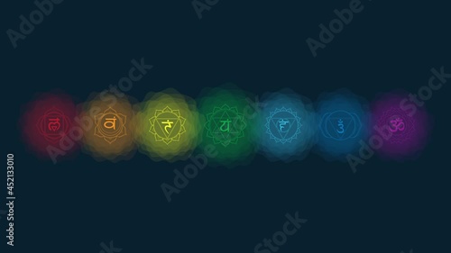 Motion graphic animated chakras set: muladhara, swadhisthana, manipura, anahata, vishuddha, ajna, sahasrara. Icon with rounded circle smoke aura photo