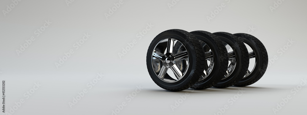 Car wheels isolated on white. 3D render.