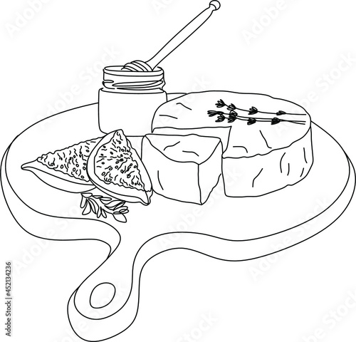 Plate of cheese engraving raster illustration. Scratch board style imitation. Hand drawn image.
 photo