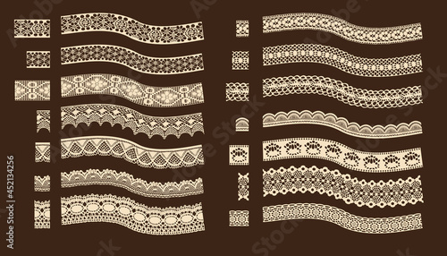 Set Of Lace Trim Vectors. Jacquard Mesh Lace Fabric.