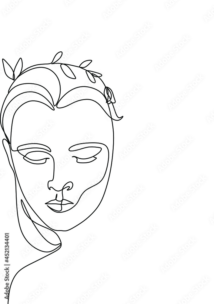 Woman line art beauty logo. Surreal Line art female floral girl. Abstract face with plants by  line drawing. Portrait minimalistic style. Nature symbol of cosmetics. Botanical logo. 
