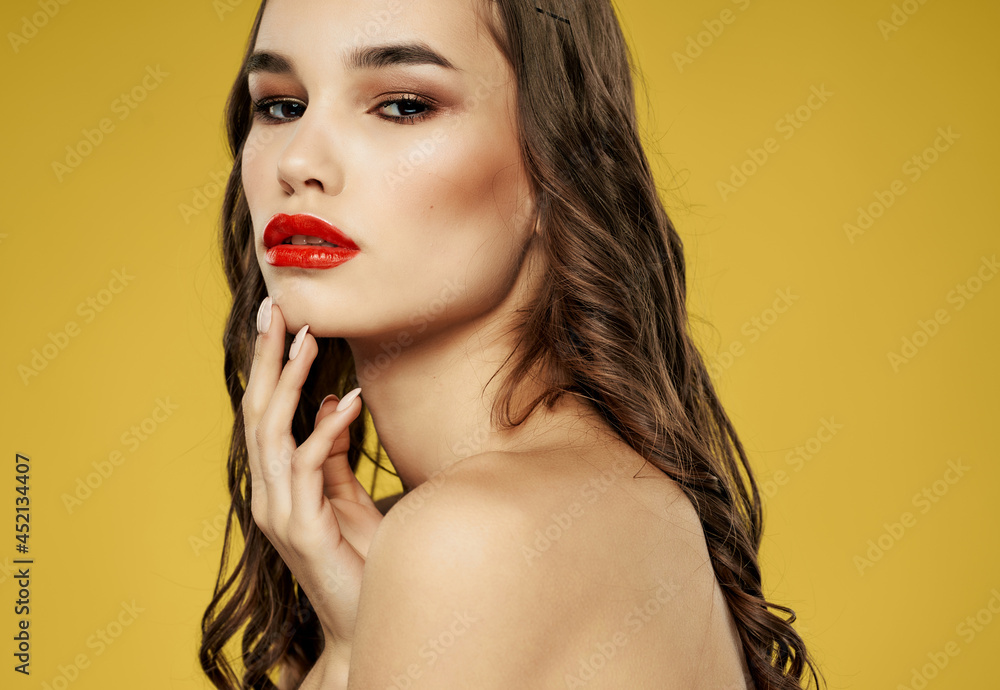 pretty woman bare shoulders luxury yellow background pretty woman bare shoulders luxury yellow background