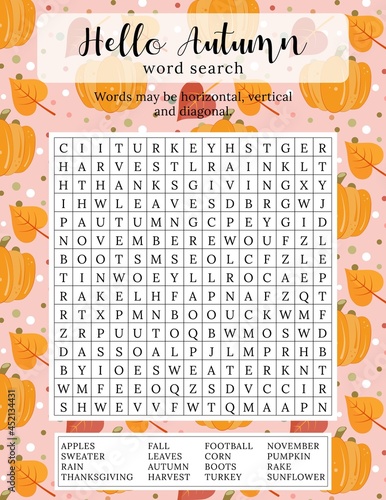 Hello Autumn word search puzzle. 16  autumn themed words to find.  Printable educational game for children. Crossword for learning English words. Vector illustration photo