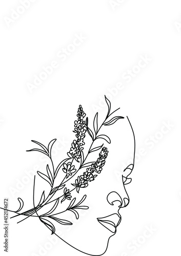 Fototapeta Naklejka Na Ścianę i Meble -  Line Drawing. Abstract face with flowers  and leaves by one line drawing. Modern continuous line art. Women line art. Beauty salon logo. Coloring book. Botanical print. Nature symbol of cosmetics.