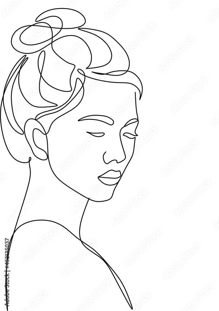 Woman face in single line art style. Continuous one line portrait. Continuous line art Woman face. Elegant minimalistic portrait for prints, tattoos, posters, textiles, postcards. Vector illustration Woman face in single line art style. Continuous one line portrait. Continuous line art Woman face. Elegant minimalistic portrait for prints, tattoos, posters, textiles, postcards. Vector illustration