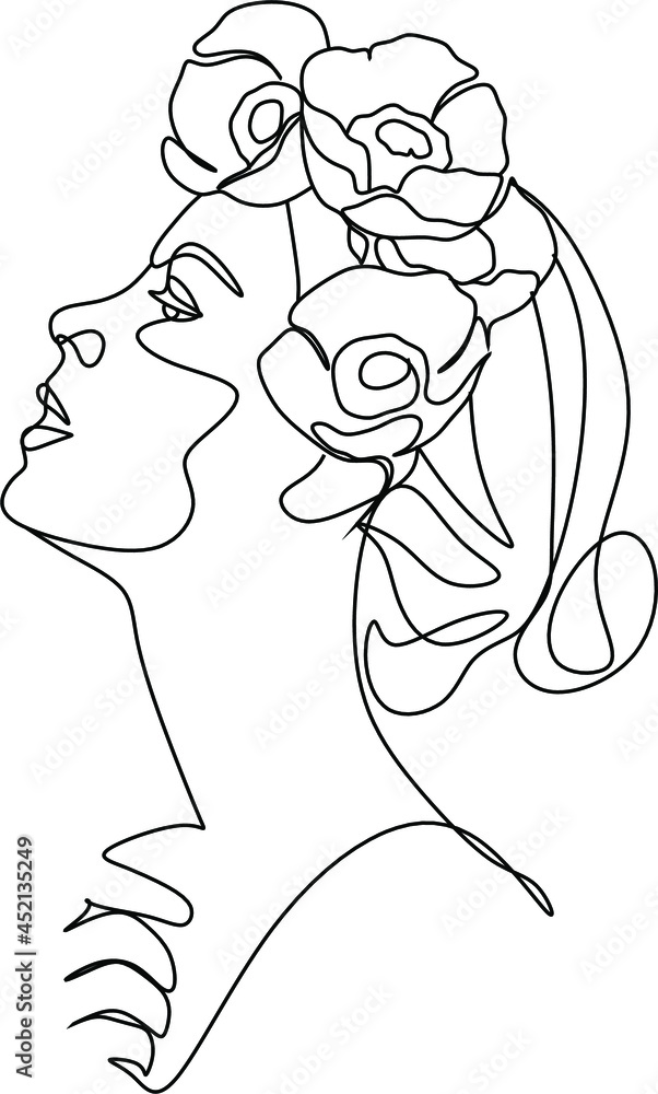 Line Drawing. Abstract face with flowers and leaves by one line drawing. Modern continuous line art. Women line art. Beauty salon logo. Coloring book. Botanical print. Nature symbol of cosmetics. Line Drawing. Abstract face with flowers and leaves by one line drawing. Modern continuous line art. Women line art. Beauty salon logo. Coloring book. Botanical print. Nature symbol of cosmetics.