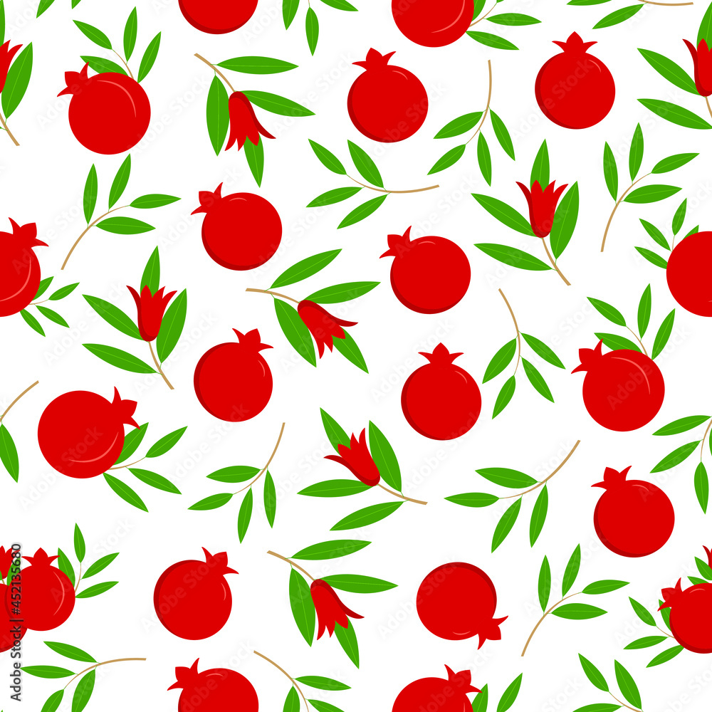 Vector seamless model with pomegranate fruits and white background. Design for cosmetics, spa, pomegranate juice, health products, perfume. Best for textiles or wrapping paper Vector seamless model with pomegranate fruits and white background. Design for cosmetics, spa, pomegranate juice, health products, perfume. Best for textiles or wrapping paper