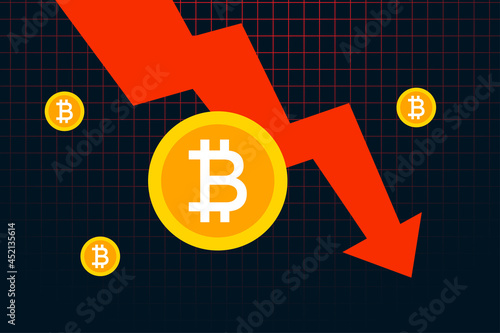 Bitcoin BTC price falls to all time low.  Bitcoin crash  design. Red arrow shows Bitcoin price going down. Vector illustration template