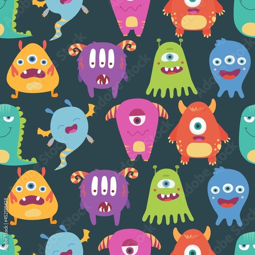 Colorful, bright vector seamless pattern with funny monsters, freaks on a white background.