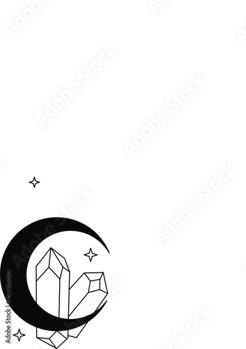 mystical symbols for spiritual practices. Magical hands keep crescent, crystal, branch against background of stars. Trendy minimalist signs for design of cosmetics, jewelry, handmade products.
