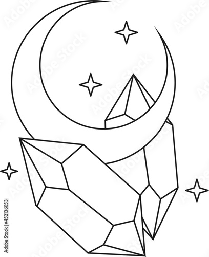 mystical symbols for spiritual practices. Magical hands keep crescent, crystal, branch against background of stars. Trendy minimalist signs for design of cosmetics, jewelry, handmade products.
