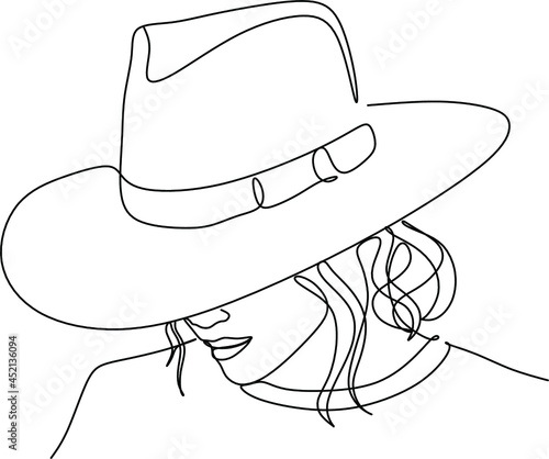 One continuous single drawn line art doodle girl, cowboy, hat, female, western, country, portrait, cowgirl, hair, american, young . Isolated image hand drawn
