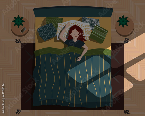 Vector isolated illustration woman sleeping on his back comfortably.  Bedroom top view, window light 