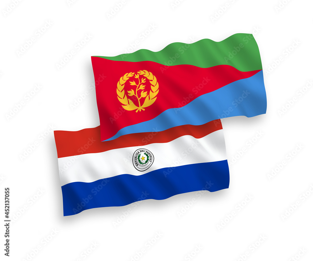 National vector fabric wave flags of Eritrea and Paraguay isolated on white background. 1 to 2 proportion. National vector fabric wave flags of Eritrea and Paraguay isolated on white background. 1 to 2 proportion.